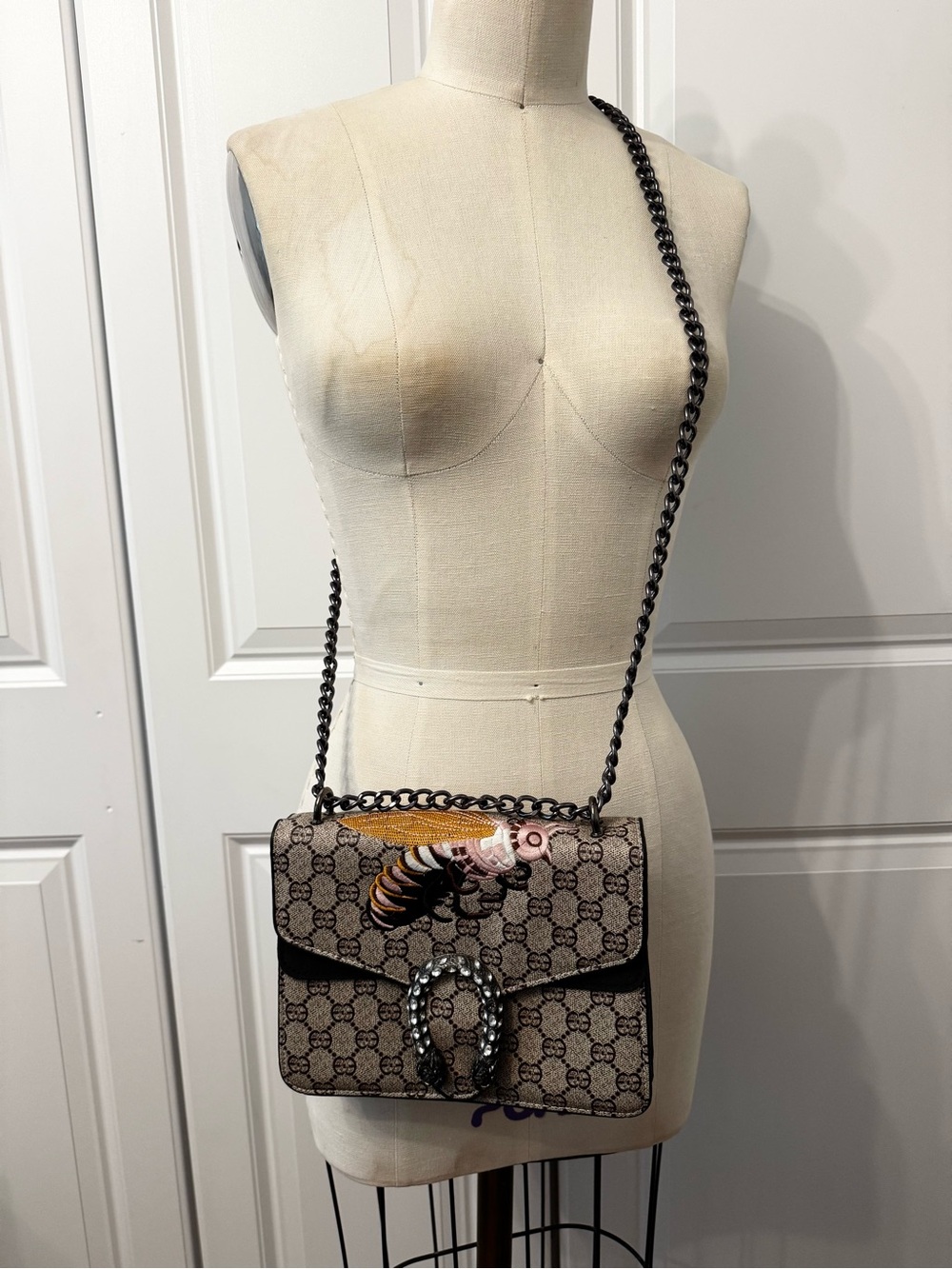 Fashion Monogram Crossbody Bag with Embroidered Insect Detail - Brown - Picture 3 of 9